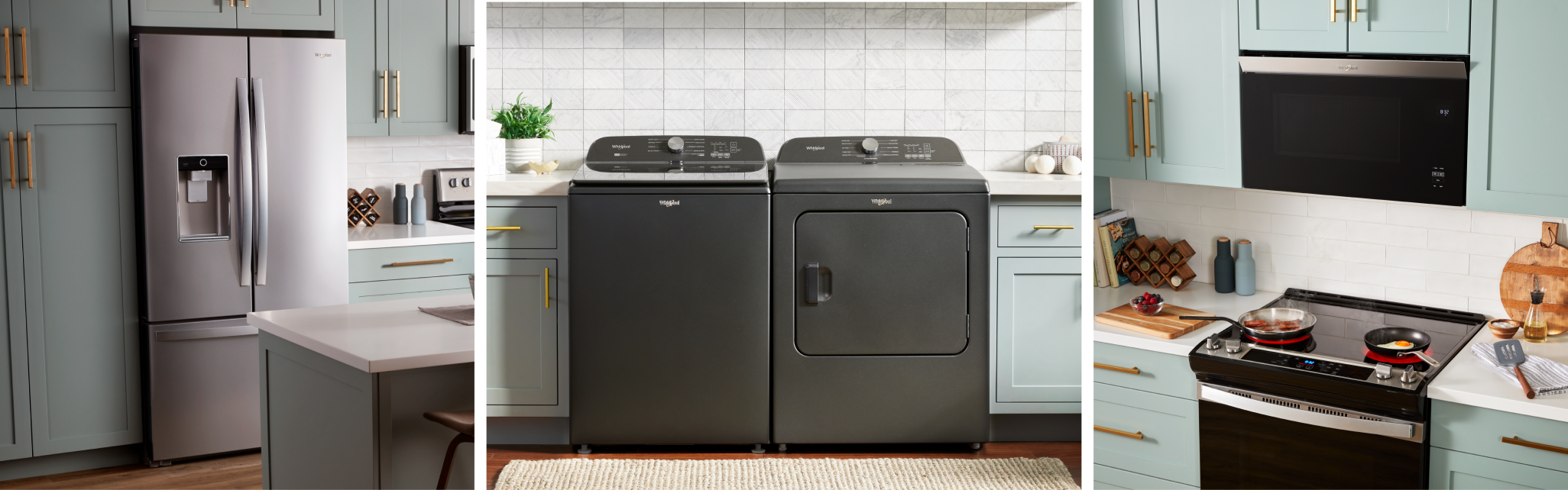 A side-by-side refrigerator, top load laundry pair and kitchen with range and over-the-range microwave