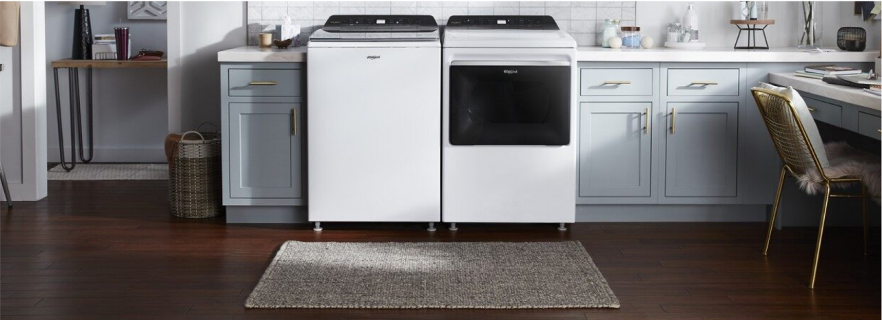 A Whirlpool® high-efficiency top load washer with matching dryer A Whirlpool® high-efficiency top load washer with matching dryer