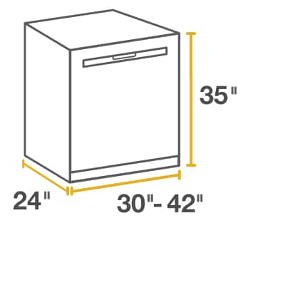 Line drawing of oversized built-in dishwasher surrounded by height, width and depth measurements.