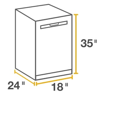 Line drawing of compact built-in dishwasher surrounded by height, width and depth measurements.