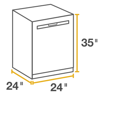 Line drawing of standard built-in dishwasher surrounded by height, width and depth measurements.