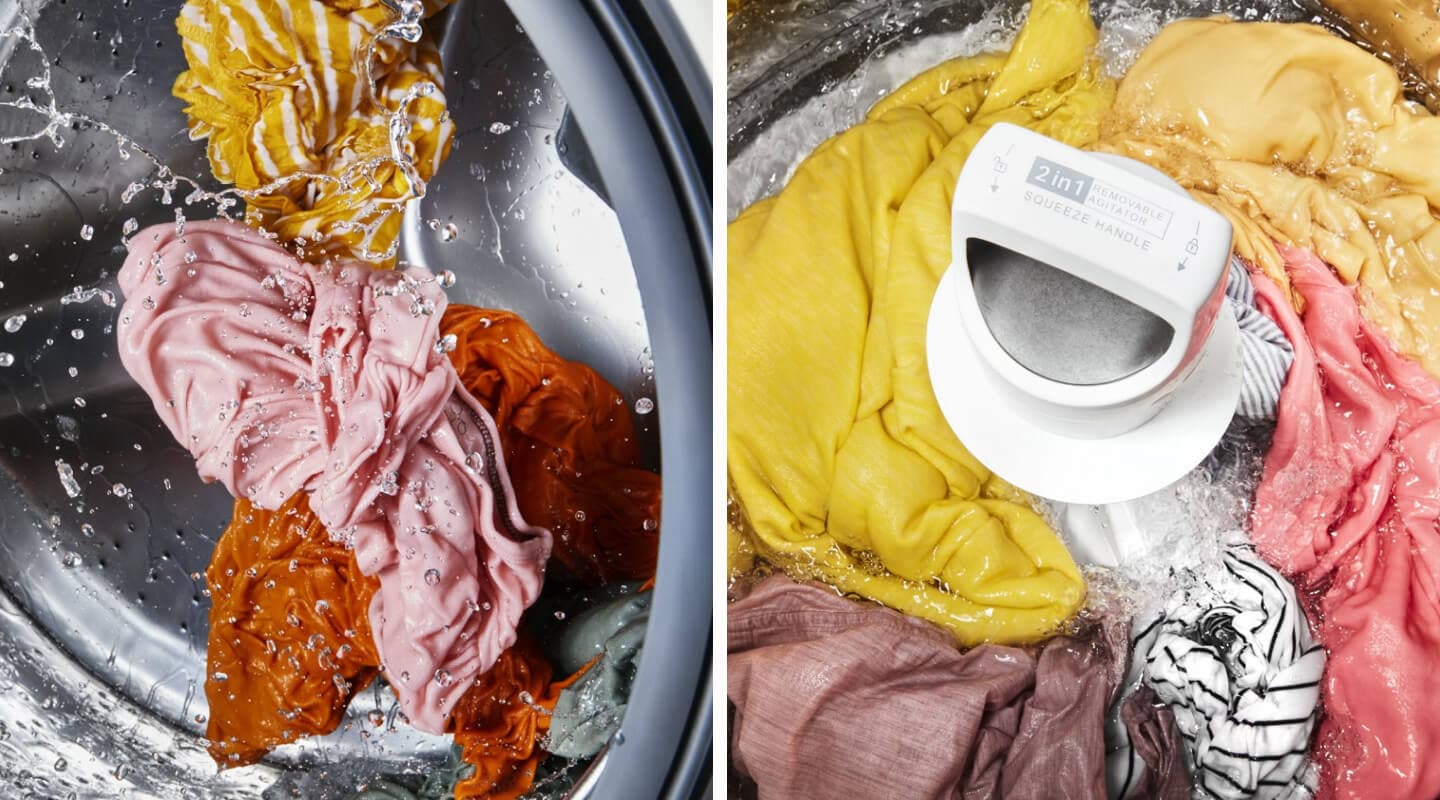 Split image of colorful clothing tumbling in a front load vs. a top load washer Split image of colorful clothing tumbling in a front load vs. a top load washer
