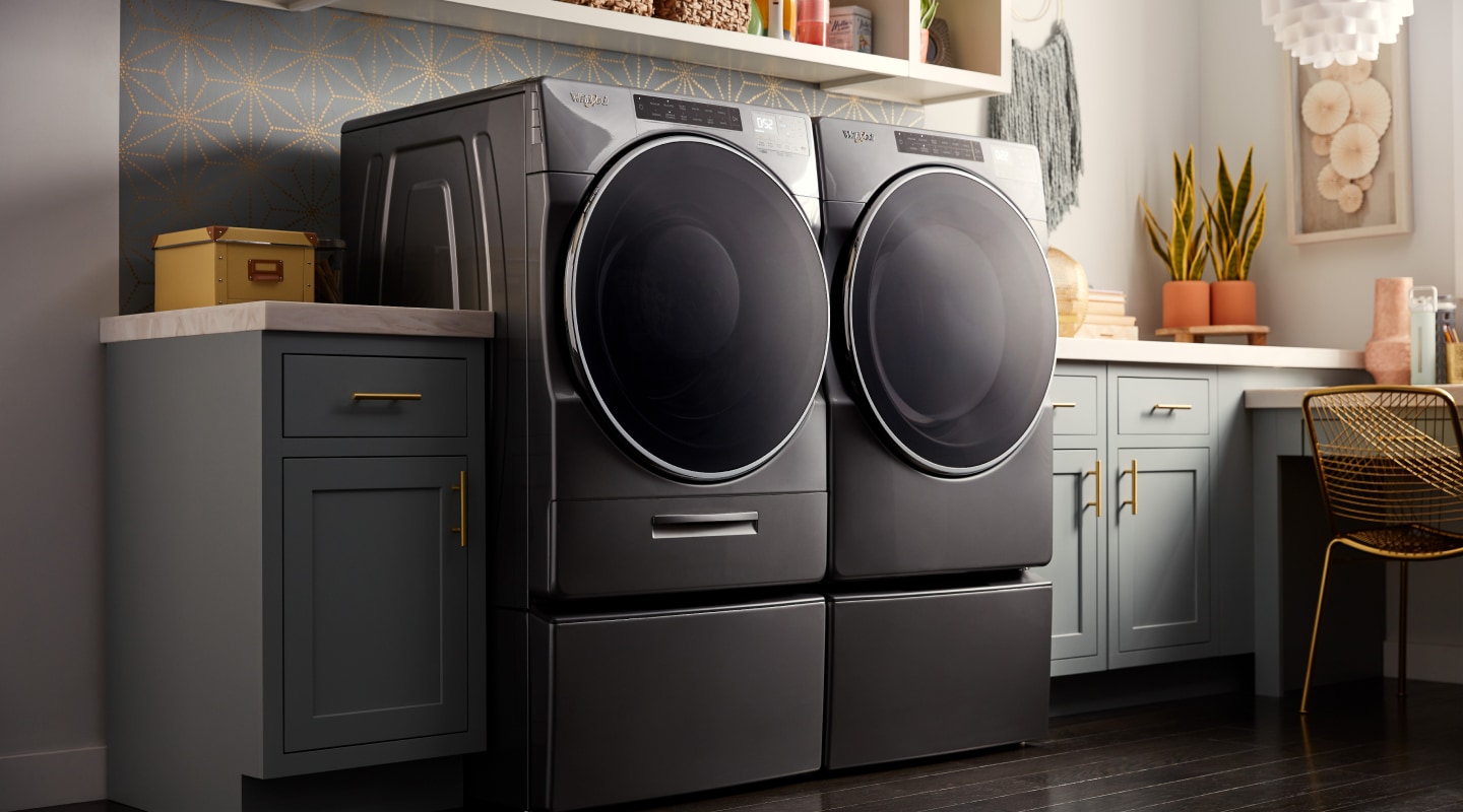 Stainless steel Whirlpool® front loading washer and dryer Stainless steel Whirlpool® front loading washer and dryer