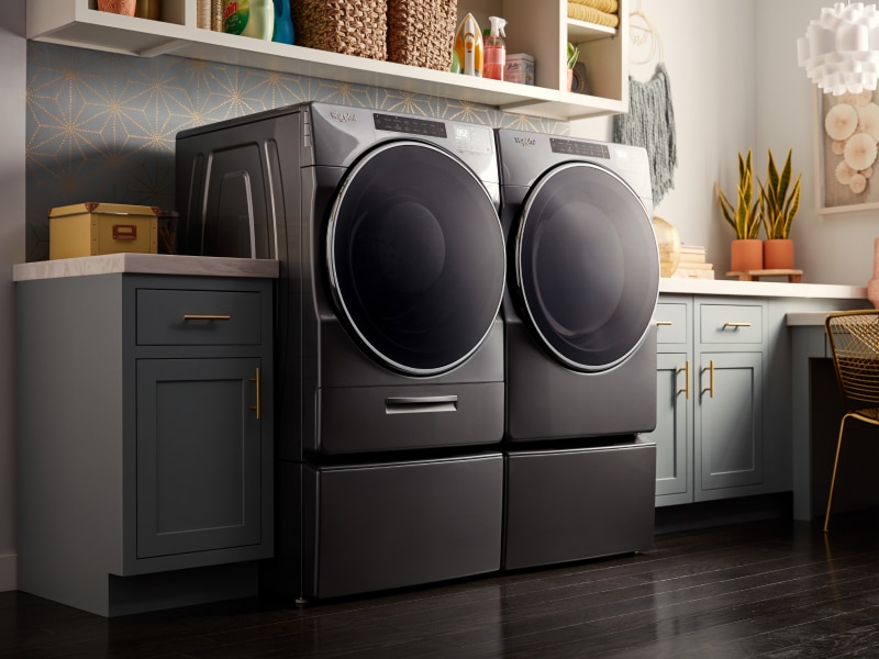 Stainless steel Whirlpool® front loading washer and dryer Stainless steel Whirlpool® front loading washer and dryer