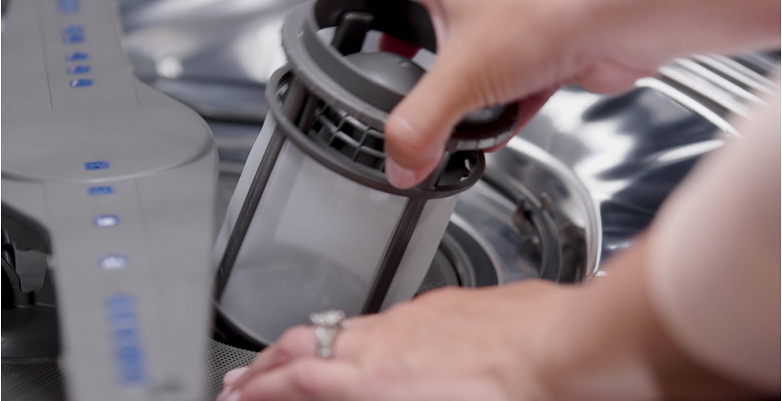 A person removing a filter from a dishwasher