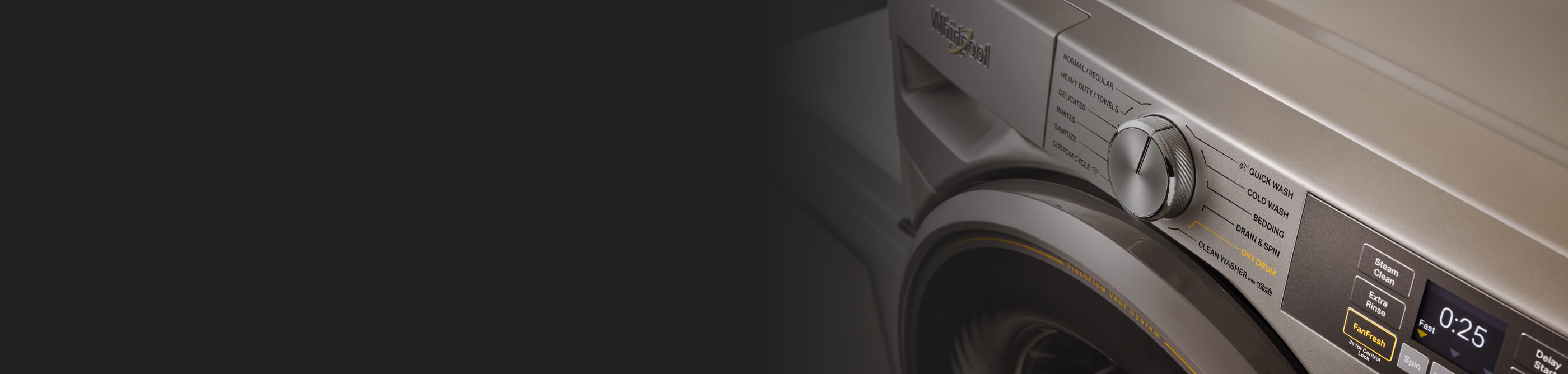 Close up of front load washer control panel and door