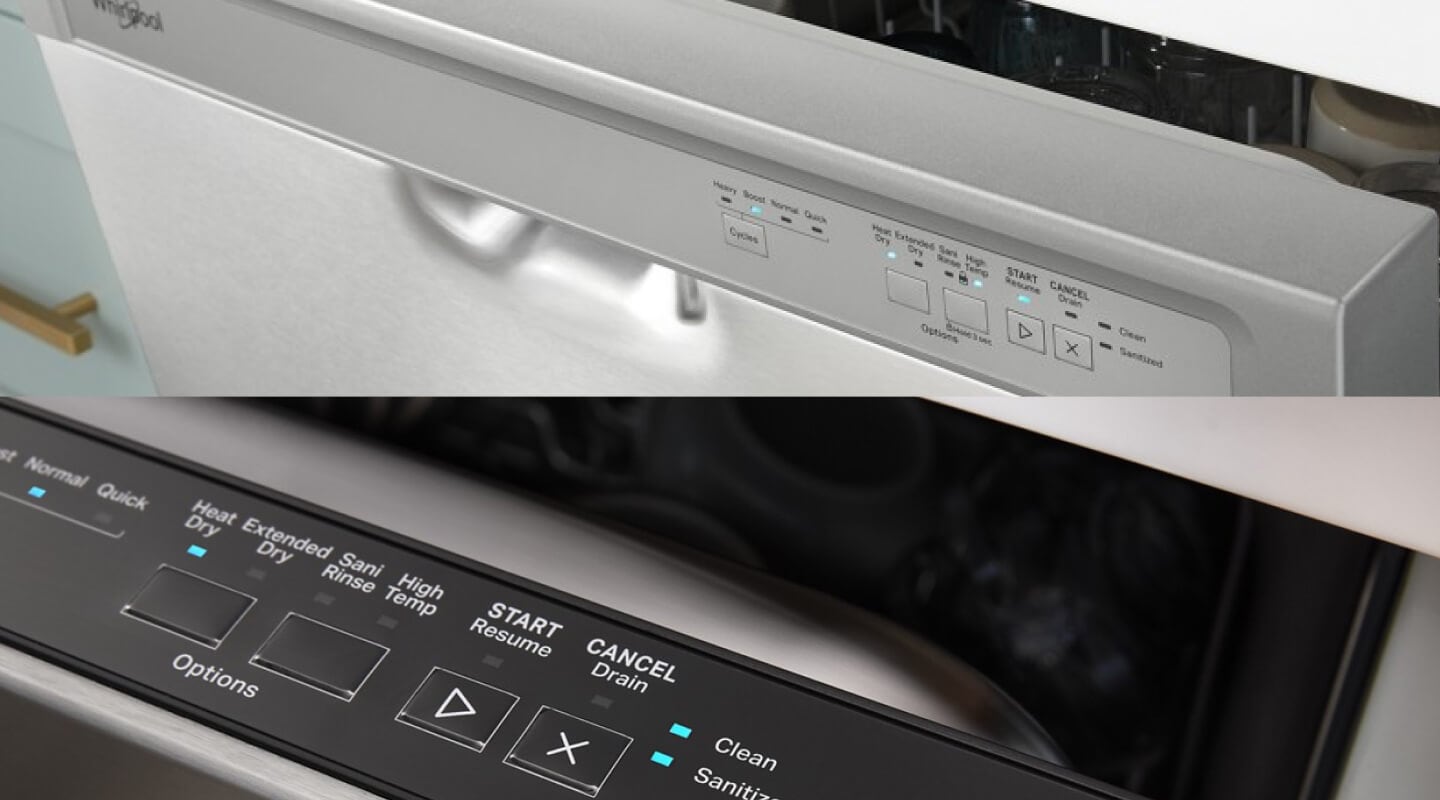 Side-by-side images of a front control dishwasher and a top control dishwasher Side-by-side images of a front control dishwasher and a top control dishwasher
