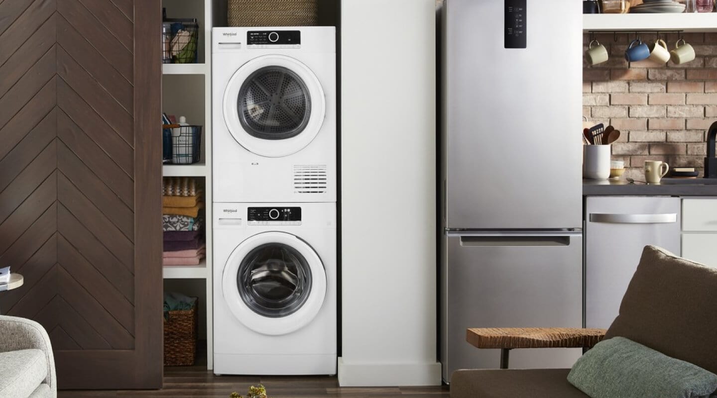 Stacked Whirlpool® Compact Washer and Dryer in a laundry closet