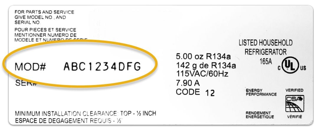 Once you find your rectangular product tag, your model number is located on the left, middle side of the tag. Note: the model number is different from the serial number.