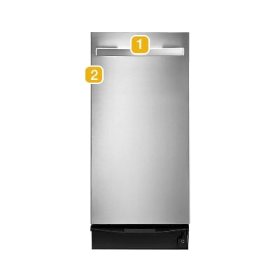 A trash compactor with numbers indicating model number placement